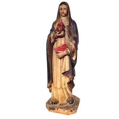 Antique Religious Carved Statue of Virgin with Sacred Heart and Book, Spain, 19th Century-TCS-1816431