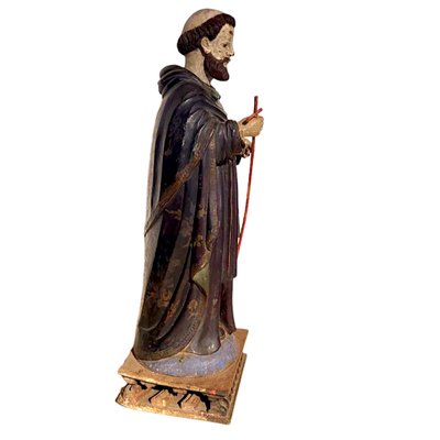 Antique Religious Sculpture of a Saint with Remains of Polychrome and Cane Cross, Spain, 19th Century-TCS-1816427