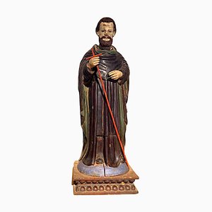 Antique Religious Sculpture of a Saint with Remains of Polychrome and Cane Cross, Spain, 19th Century-TCS-1816427