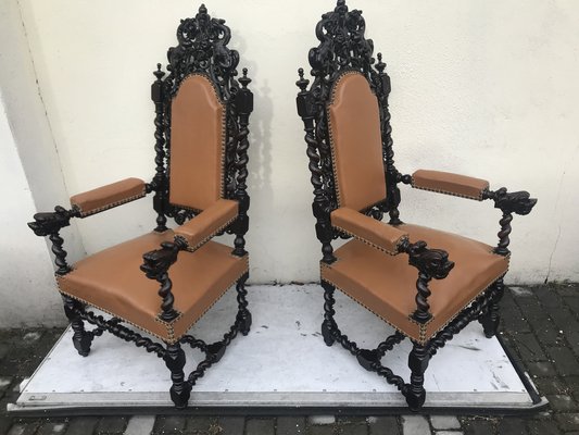 Antique Renaissance 19th Century Throne Chairs, Set of 2-WQQ-1160548