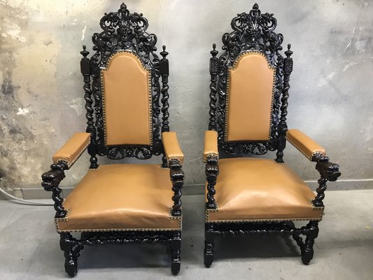 Antique Renaissance 19th Century Throne Chairs, Set of 2-WQQ-1160548