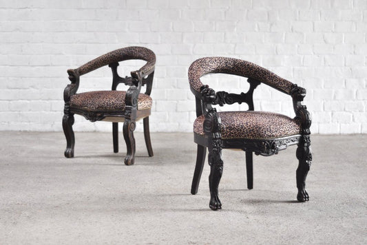 Antique Renaissance Style 19th Century Carved Oak Tub Chairs with Leopard Print Upholstery, Set of 2