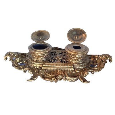 Antique Rococo Gilt Gold Brass Double Inkwell Desk Set-TCS-1122314