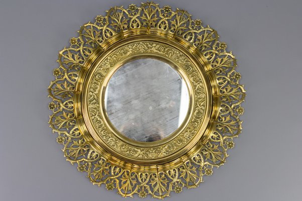 Antique Round Bronze and Brass Mirror in Sunburst Shape-KEG-989879