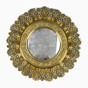 Antique Round Bronze and Brass Mirror in Sunburst Shape-KEG-989879