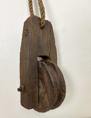 Antique Rustic Weathered Wooden Pulley with Rope, 1890s-WZZ-1819436