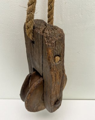 Antique Rustic Weathered Wooden Pulley with Rope, 1890s-WZZ-1819436