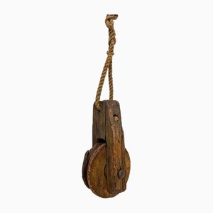 Antique Rustic Weathered Wooden Pulley with Rope, 1890s-WZZ-1819436