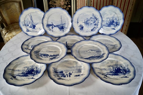 Antique Sarreguemines Pottery Marines Dinner Plates, 1925, Set of 12-DVX-2033920