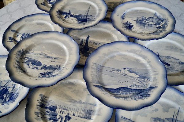 Antique Sarreguemines Pottery Marines Dinner Plates, 1925, Set of 12-DVX-2033920