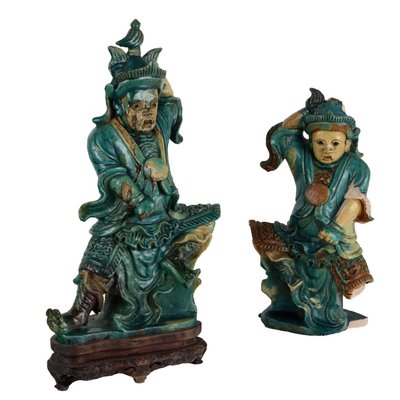 Antique Sculptures Chinese Warriors in Stoneware, Set of 2-VMM-2023817