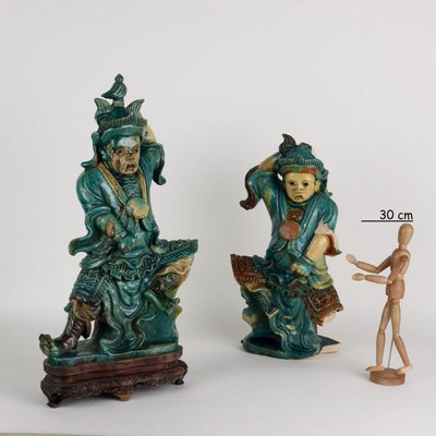 Antique Sculptures Chinese Warriors in Stoneware, Set of 2-VMM-2023817