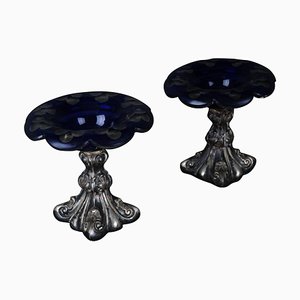 Antique Silver Caviar Bowls in Blue Glass, Set of 2-FLW-1823374