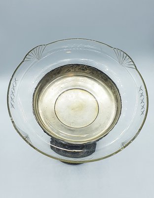 Antique Silver-Plated Metal Centerpiece with Glass Bowl-OZS-1388770