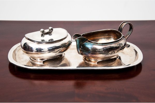 Antique Silver Tray with Sugar Bowl and Milk Jug, Set of 3-BXB-1427503