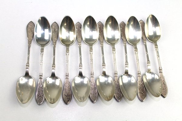 Antique Solid Silver Teaspoons, 1900s, Set of 12-ZWH-584799