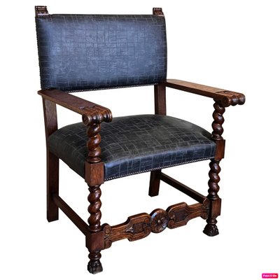 Antique Spanish Carved Walnut Chair with New Black Leather, 1890-PSK-2030196