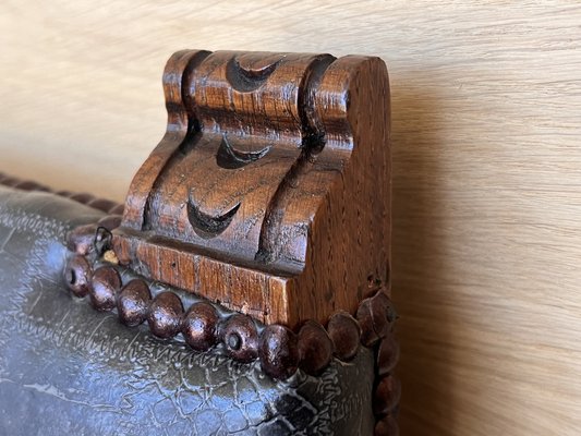 Antique Spanish Carved Walnut Chair with New Black Leather, 1890-PSK-2030196