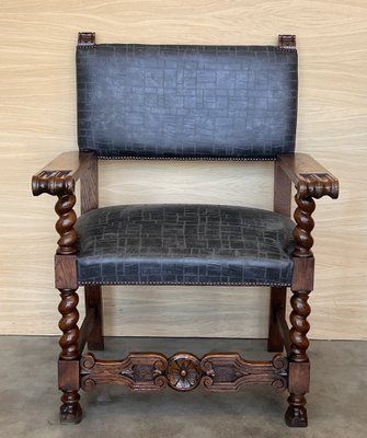 Antique Spanish Carved Walnut Chair with New Black Leather, 1890-PSK-2030196