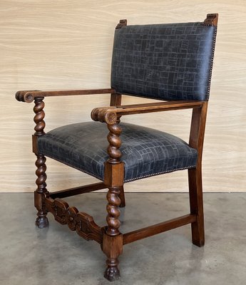 Antique Spanish Carved Walnut Chair with New Black Leather, 1890-PSK-2030196