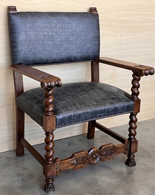 Antique Spanish Carved Walnut Chair with New Black Leather, 1890-PSK-2030196