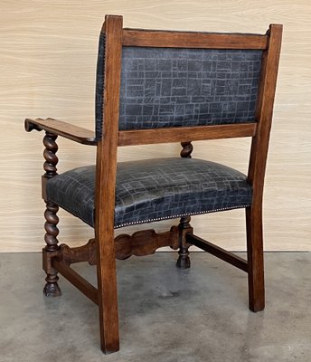 Antique Spanish Carved Walnut Chair with New Black Leather, 1890-PSK-2030196