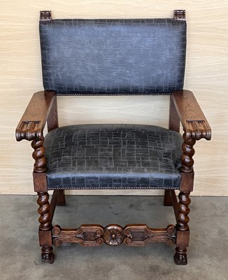 Antique Spanish Carved Walnut Chair with New Black Leather, 1890-PSK-2030196