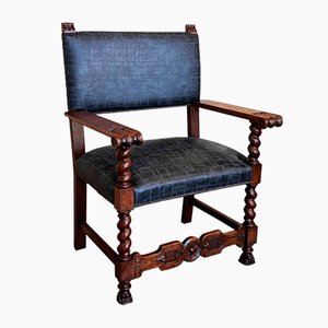 Antique Spanish Carved Walnut Chair with New Black Leather, 1890-PSK-2030196