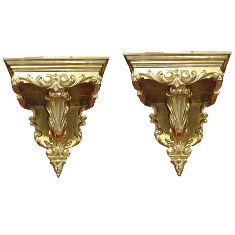 Antique Spanish Gilt Gold Leaf and Carved Wood Ménsulas Wall Stands, Set of 2