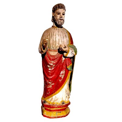 Antique Spanish Religious Saint Figure Hand-Carved in Wood with Remains of Polychrome, 19th Century-TCS-1816425