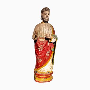 Antique Spanish Religious Saint Figure Hand-Carved in Wood with Remains of Polychrome, 19th Century-TCS-1816425