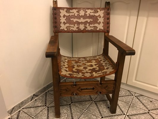 Antique Spanish Throne in Walnut and Skin, 1600s-WQQ-1447168