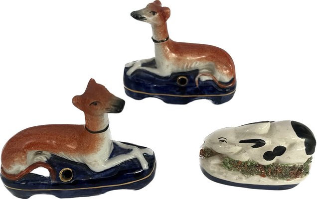 Antique Staffordshire Dogs and Rabbit Inkwell, Set of 3-EAI-2041355