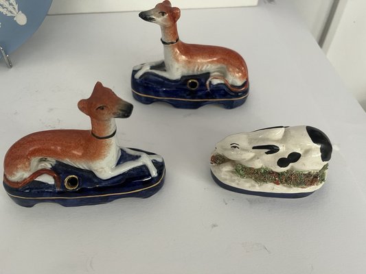 Antique Staffordshire Dogs and Rabbit Inkwell, Set of 3-EAI-2041355