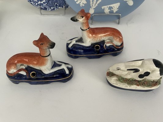 Antique Staffordshire Dogs and Rabbit Inkwell, Set of 3-EAI-2041355