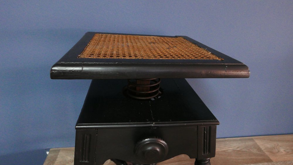 Antique Stool in Oak with Raffia Seat and Cast Iron Frame, 1890s