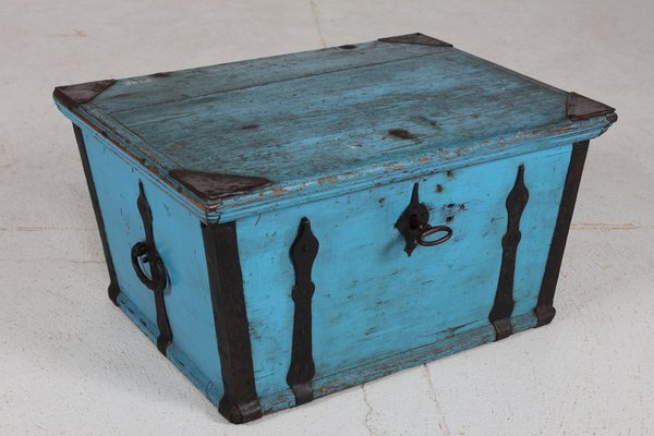 Antique Swedish Campaign Chest with Patinated Blue Paint and Iron, 1850s-QQ-1725530