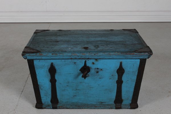 Antique Swedish Campaign Chest with Patinated Blue Paint and Iron, 1850s-QQ-1725530