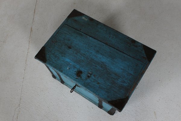 Antique Swedish Campaign Chest with Patinated Blue Paint and Iron, 1850s-QQ-1725530