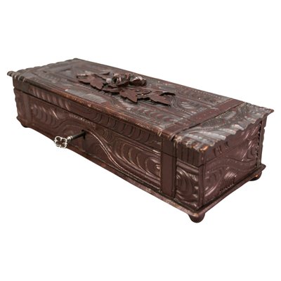 Antique Swiss Black Forest Dark Brown Carved Wood Glove Box, Ca. 1900s-KEG-1719687