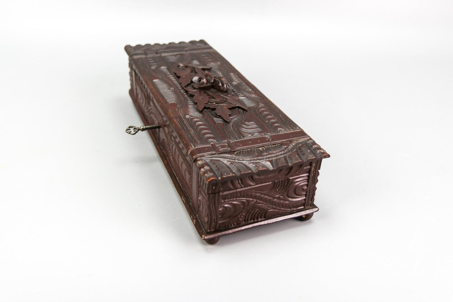 Antique Swiss Black Forest Dark Brown Carved Wood Glove Box, Ca. 1900s