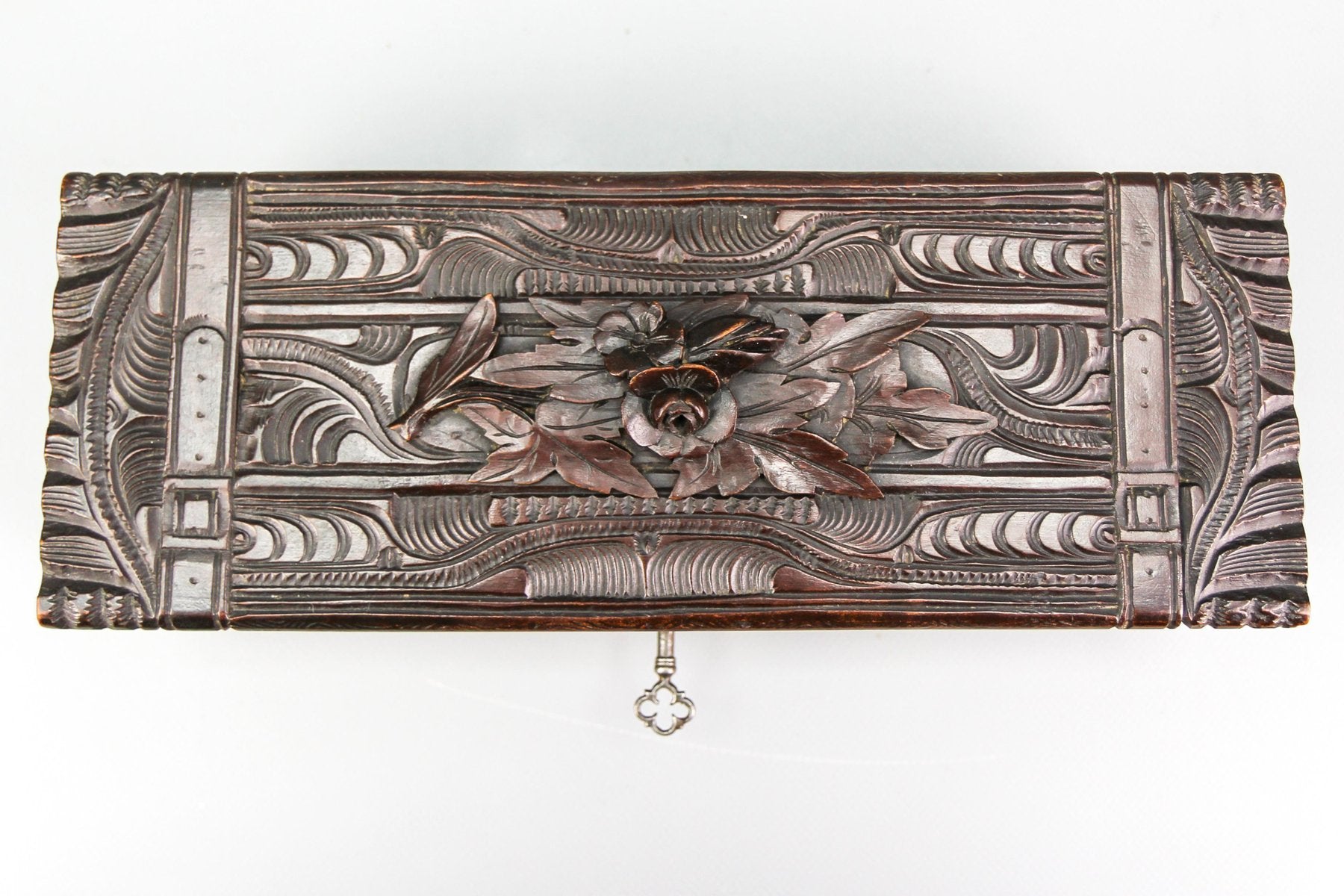 Antique Swiss Black Forest Dark Brown Carved Wood Glove Box, Ca. 1900s