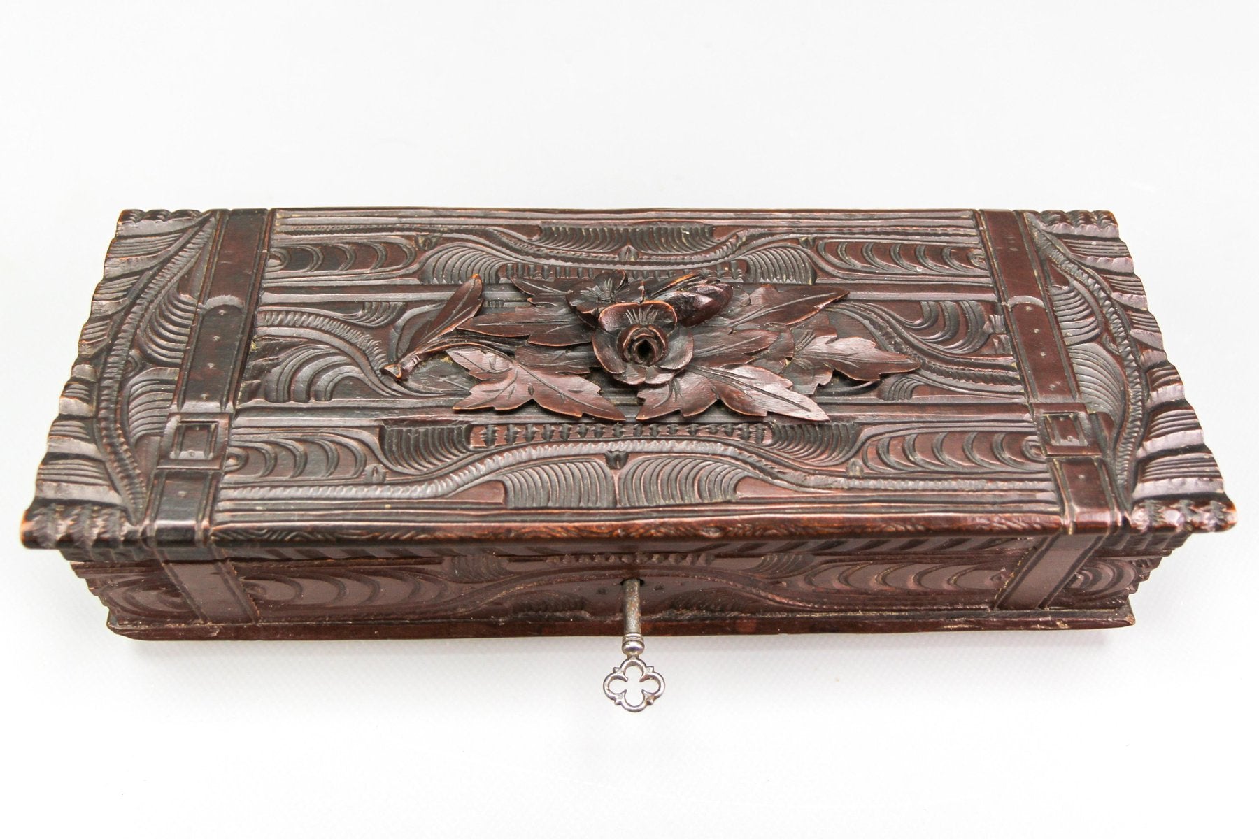 Antique Swiss Black Forest Dark Brown Carved Wood Glove Box, Ca. 1900s