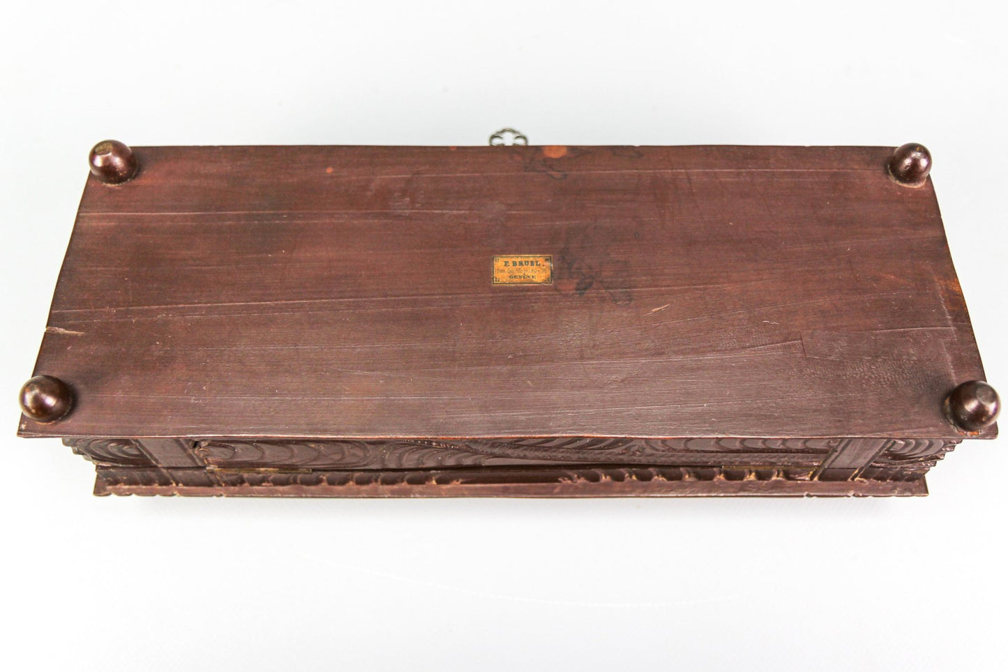 Antique Swiss Black Forest Dark Brown Carved Wood Glove Box, Ca. 1900s