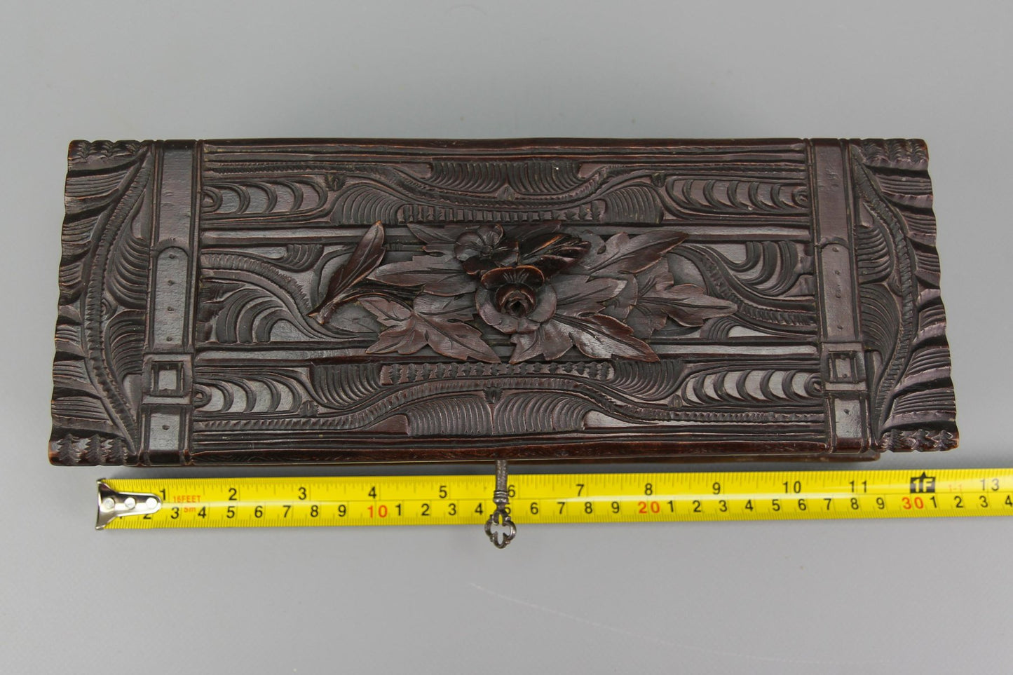 Antique Swiss Black Forest Dark Brown Carved Wood Glove Box, Ca. 1900s