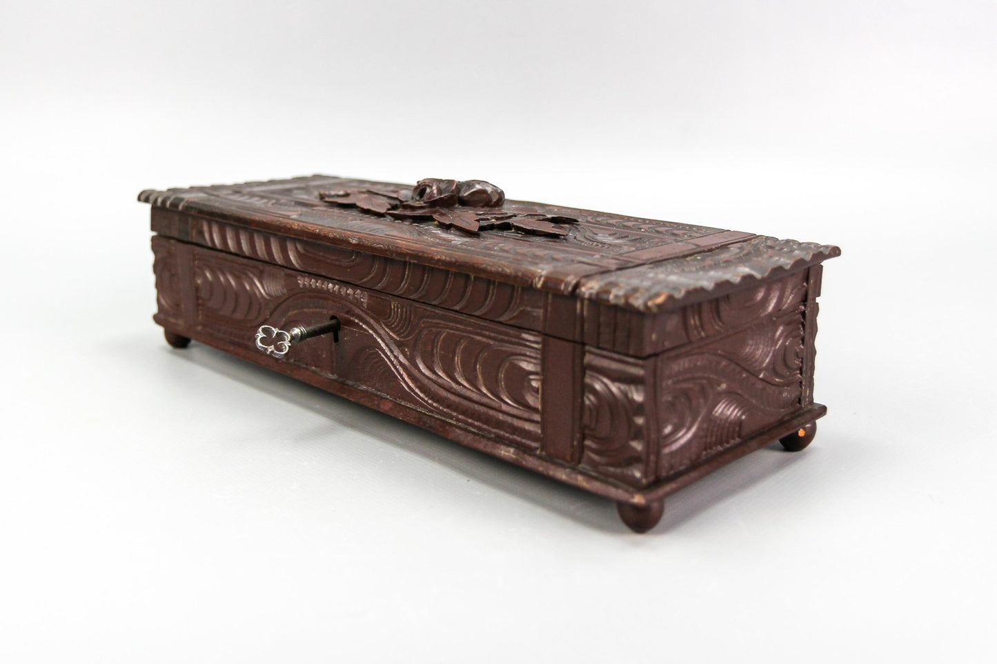 Antique Swiss Black Forest Dark Brown Carved Wood Glove Box, Ca. 1900s