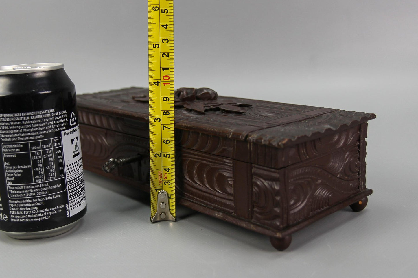 Antique Swiss Black Forest Dark Brown Carved Wood Glove Box, Ca. 1900s