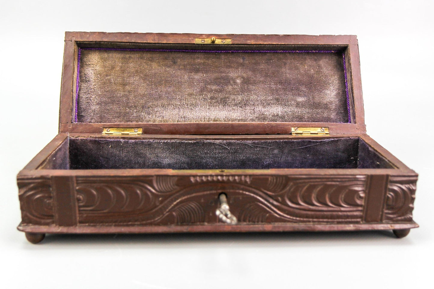 Antique Swiss Black Forest Dark Brown Carved Wood Glove Box, Ca. 1900s