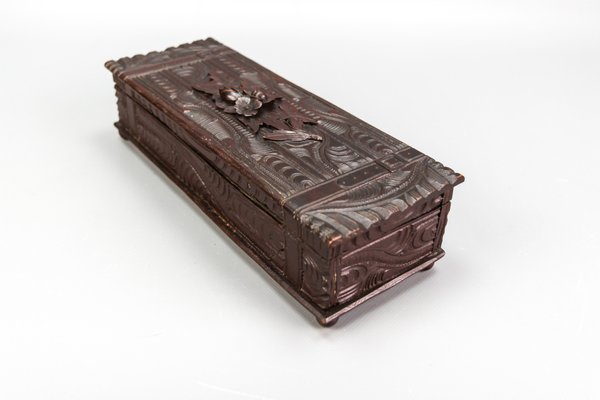 Antique Swiss Black Forest Dark Brown Carved Wood Glove Box, Ca. 1900s-KEG-1719687