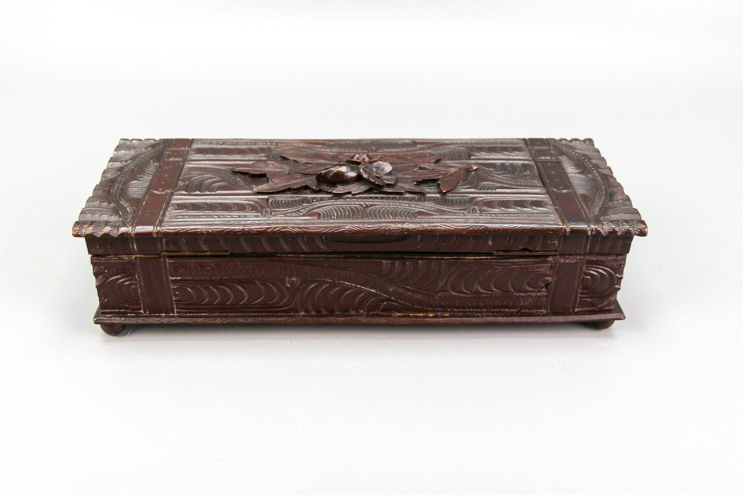 Antique Swiss Black Forest Dark Brown Carved Wood Glove Box, Ca. 1900s